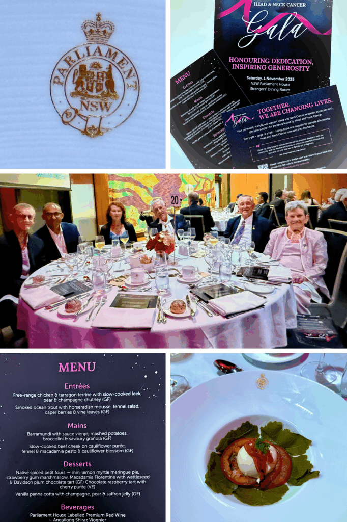 A montage of photos of the inaugural HANC Gala. Image of LANSW representatives seated at table. Image of NSW Parliament logo. Images of HNCA Gala brochure and menu. Image of dinner plate with showing vegetarian entree of bocconcini with tomato.